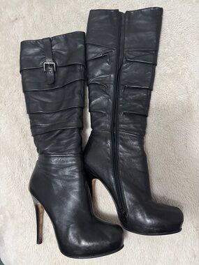 Charles David Black Leather Valentina High-Heel Knee Boots - Made in Italy